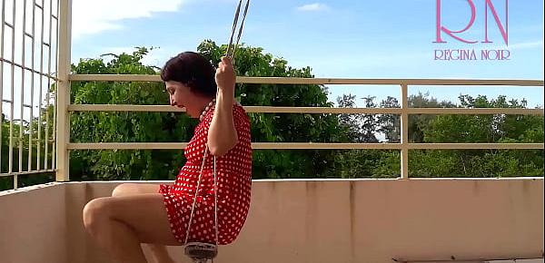  Cute housewife has fun without panties on the swing. Slut swings and shows her perfect pussy.